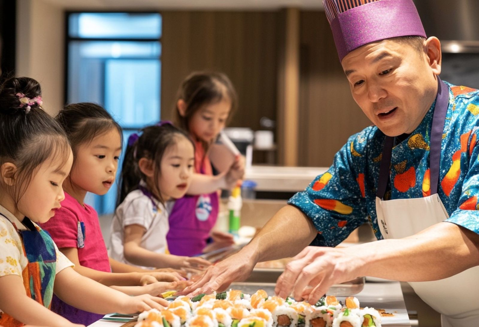 寿司職人に教わりながら握りに挑戦する子どもたち